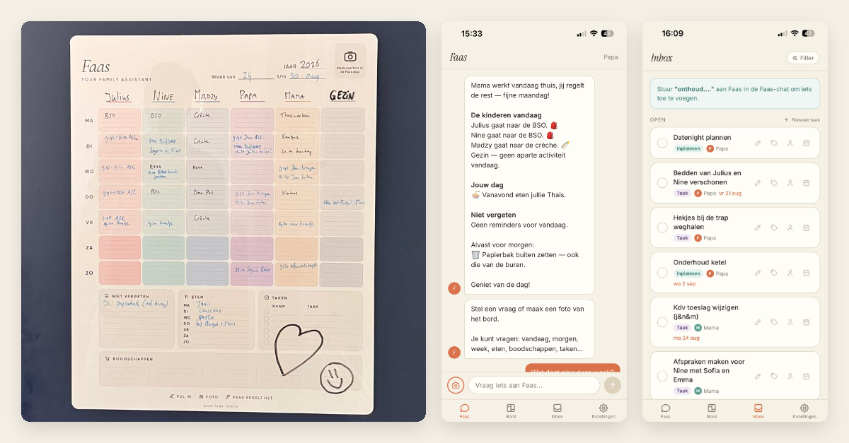Het Faas familiebord — weekrooster, eten, taken en boodschappen